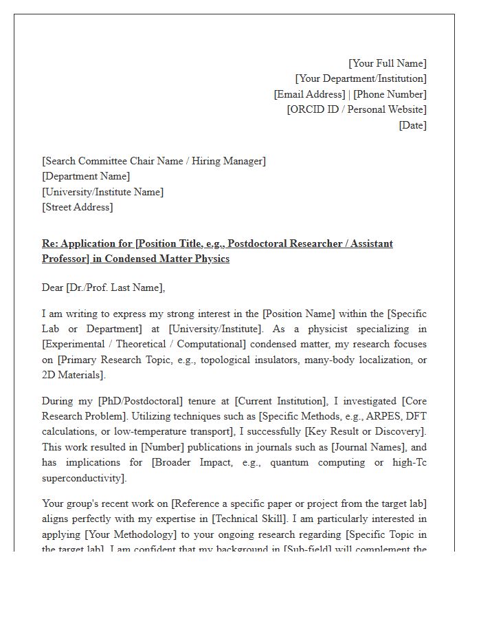 Condensed Matter Physics Cover Letter Template