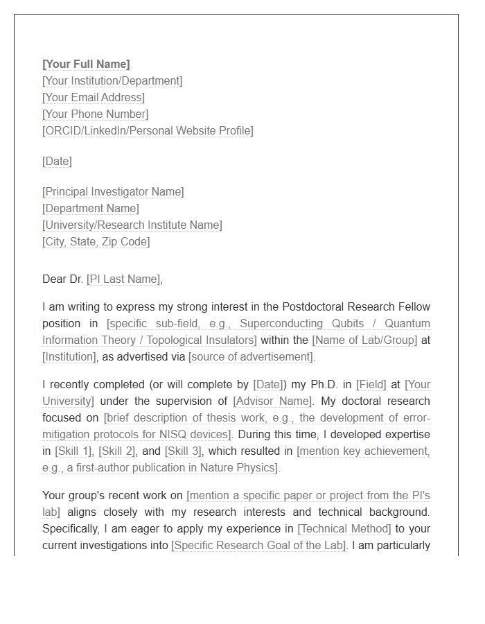 Postdoctoral Quantum Research Cover Letter Template