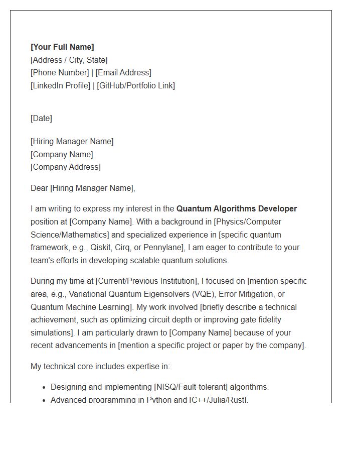 Quantum Algorithms Developer Cover Letter Template