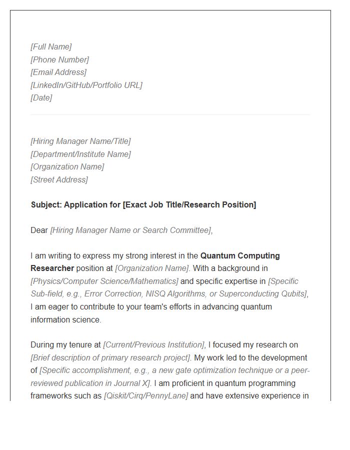 Quantum Computing Researcher Cover Letter Template