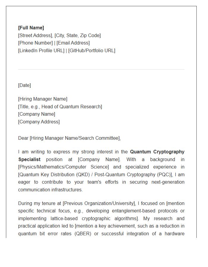 Quantum Cryptography Specialist Cover Letter Template