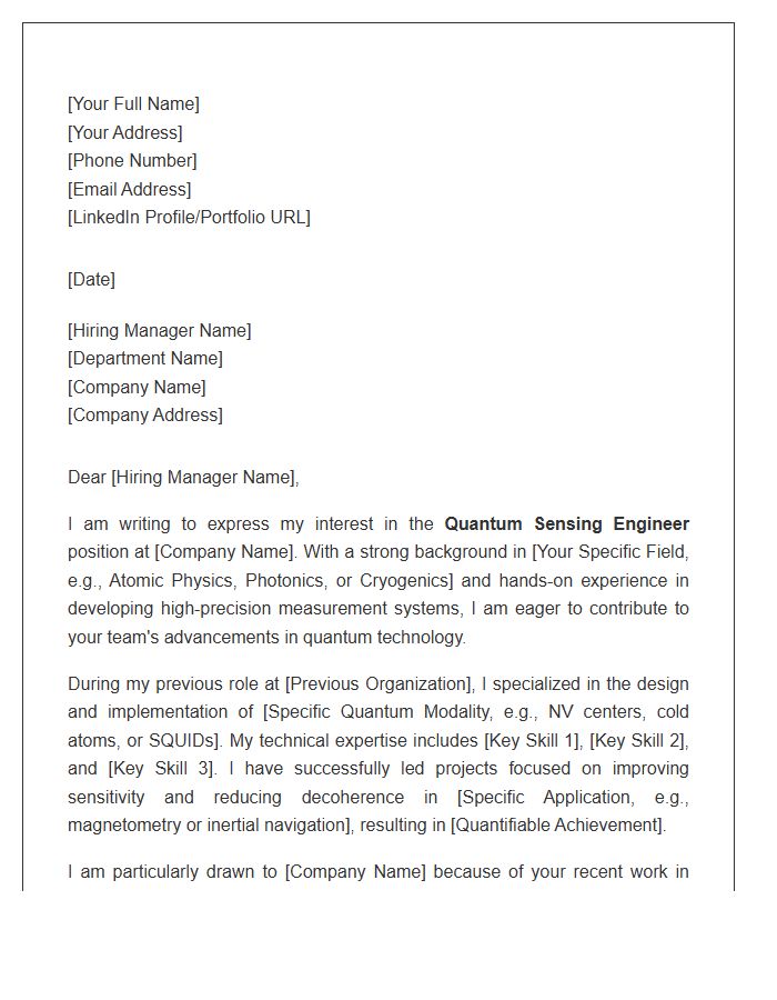 Quantum Sensing Engineer Cover Letter Template