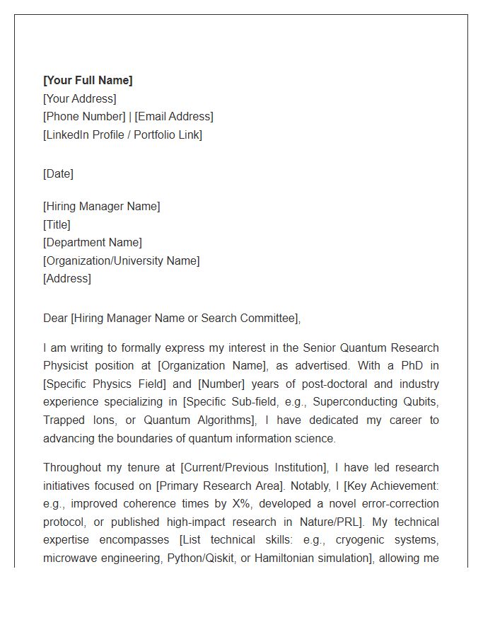 Senior Quantum Research Physicist Cover Letter Template