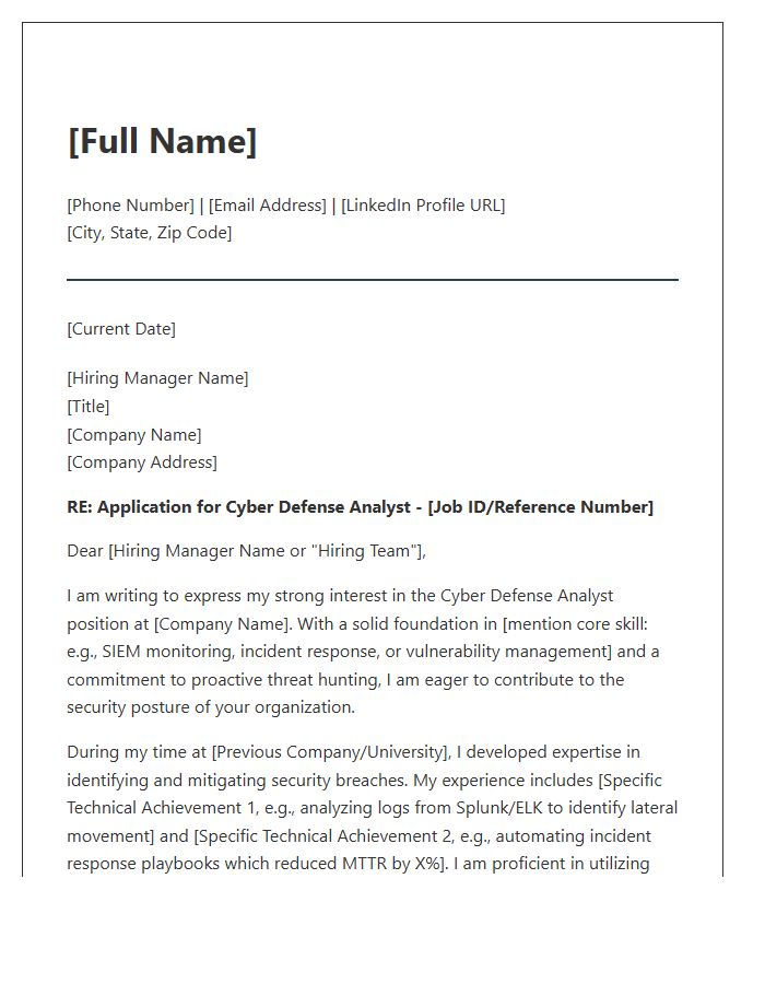 Cyber Defense Analyst Cover Letter Template