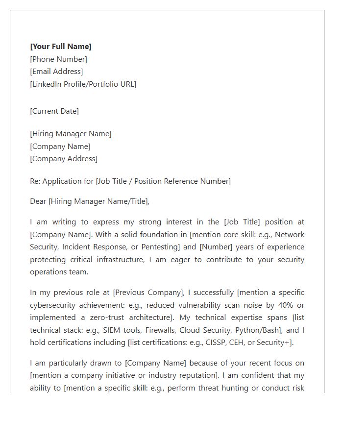 Cybersecurity Specialist Cover Letter Template