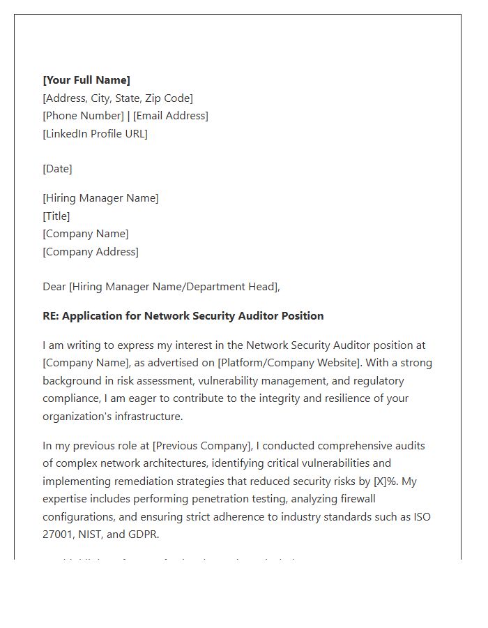Network Security Auditor Cover Letter Template