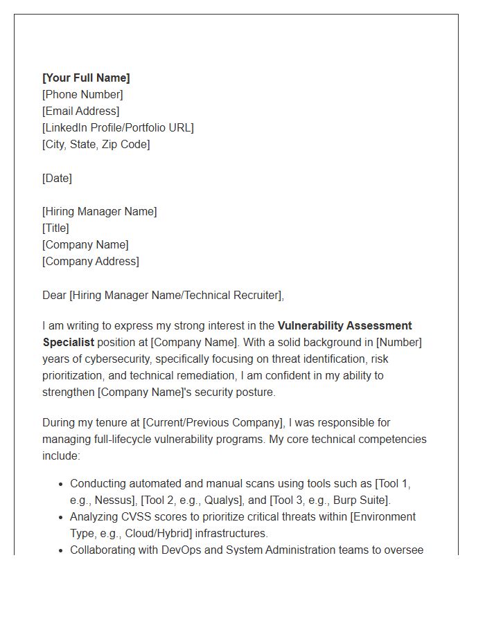 Vulnerability Assessment Specialist Cover Letter Template