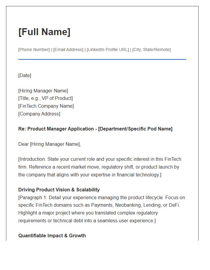 FinTech Product Manager Strategic Cover Letter Template