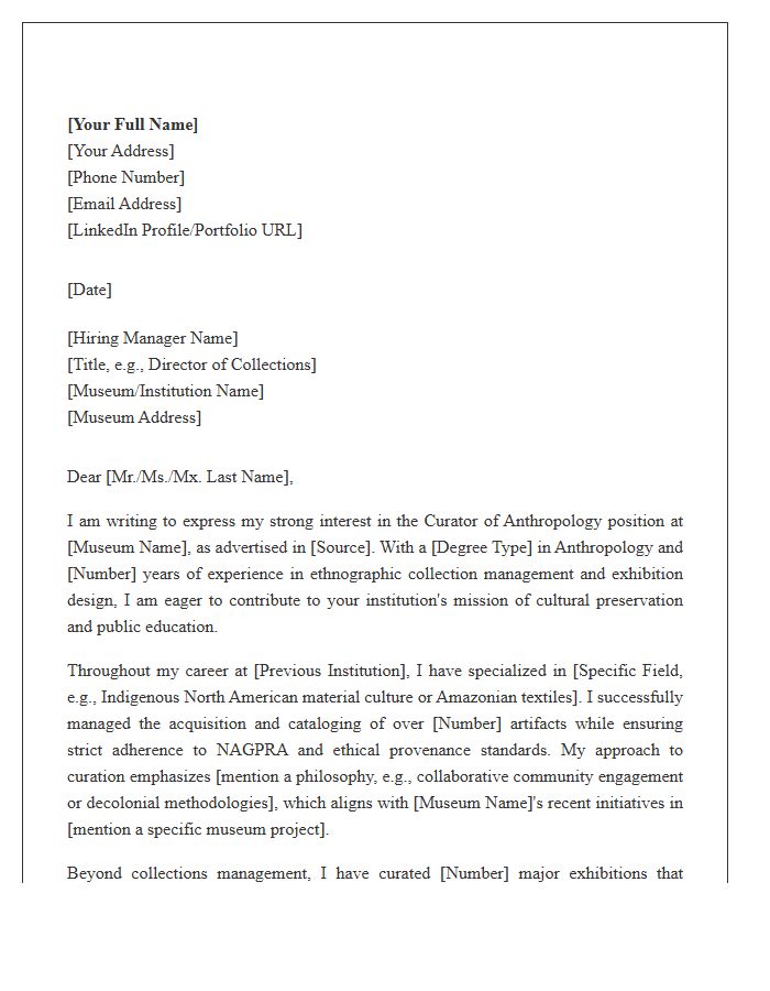 Anthropology Museum Curator Cover Letter Template