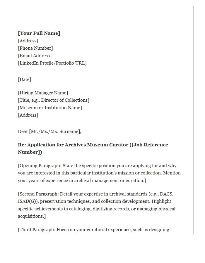 Archives Museum Curator Cover Letter Template