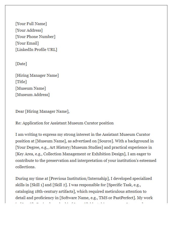 Assistant Museum Curator Cover Letter Template