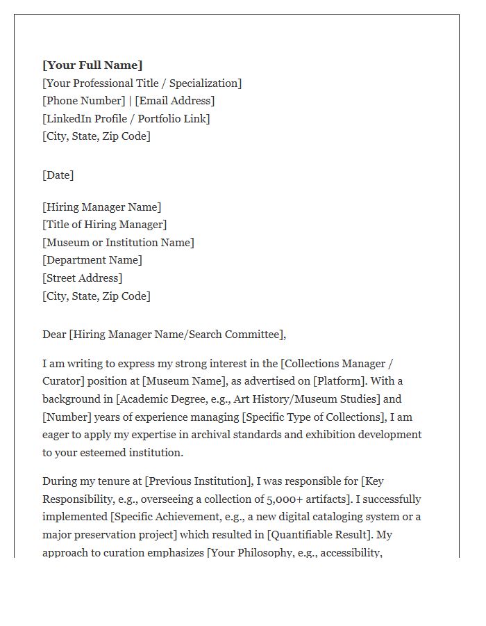 Collections Manager Museum Curator Cover Letter Template