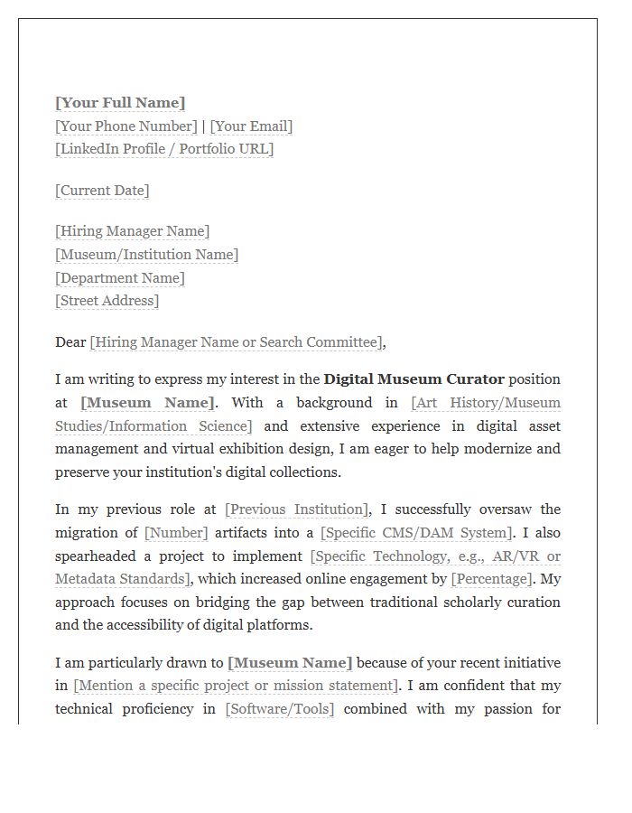 Digital Museum Curator Cover Letter Template