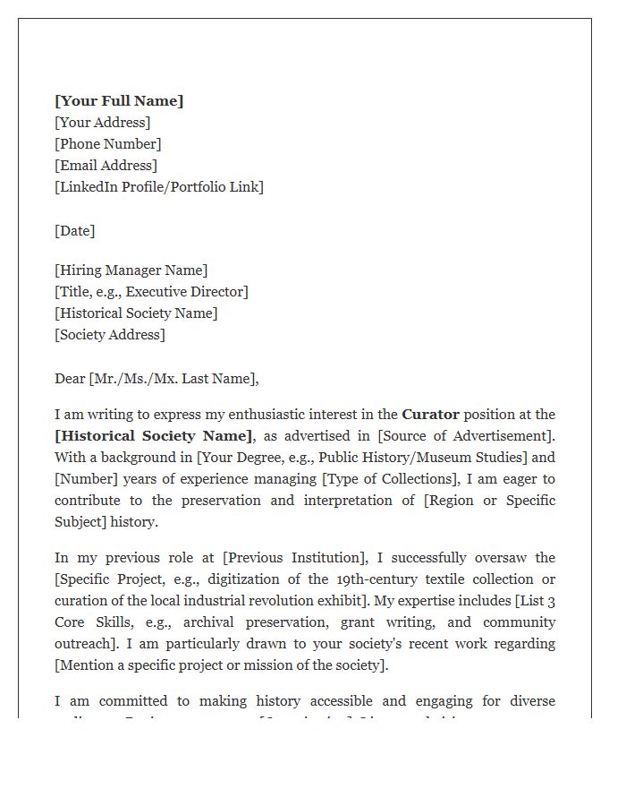 Historical Society Curator Cover Letter Template