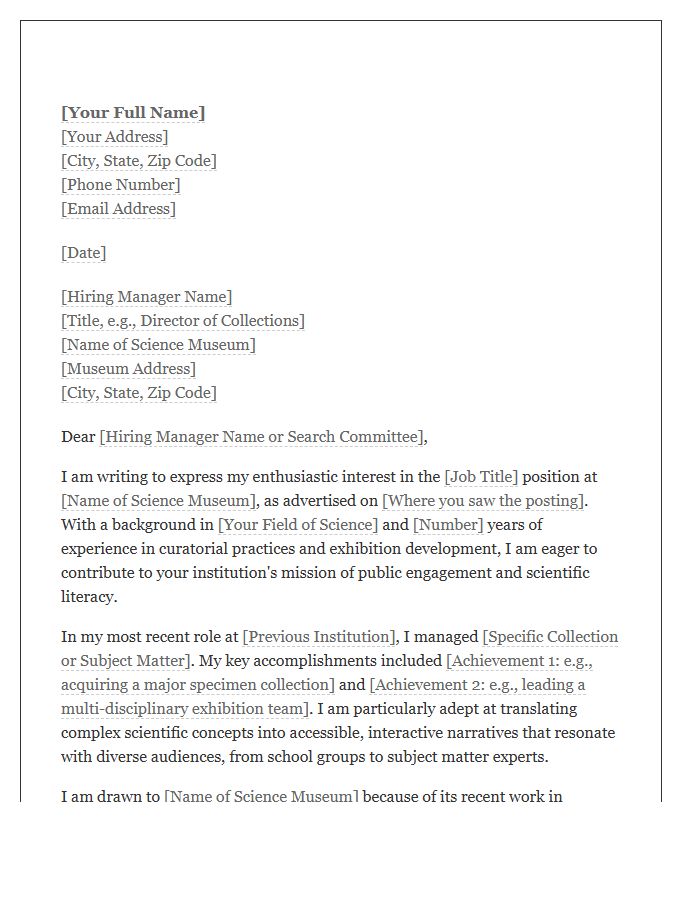 Science Museum Curator Cover Letter Template