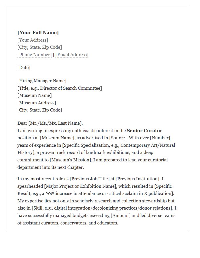 Senior Museum Curator Cover Letter Template