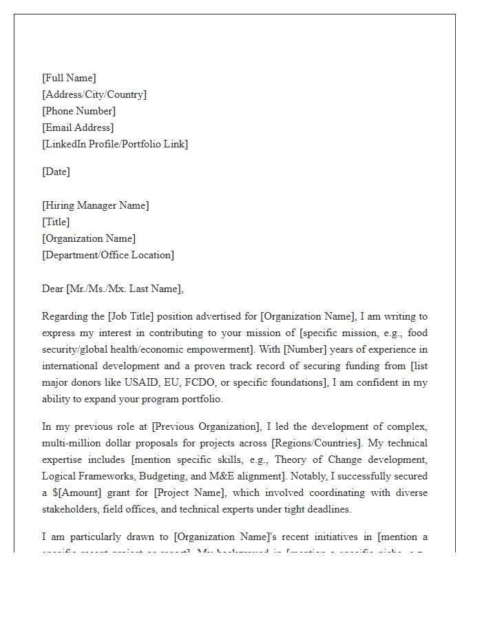 International Development Grant Writer Cover Letter Template