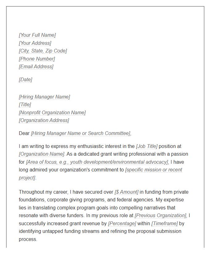 Nonprofit Grant Writer Cover Letter Template