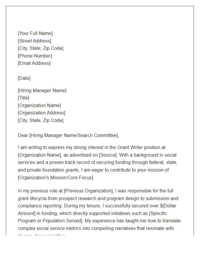Social Services Grant Writer Cover Letter Template