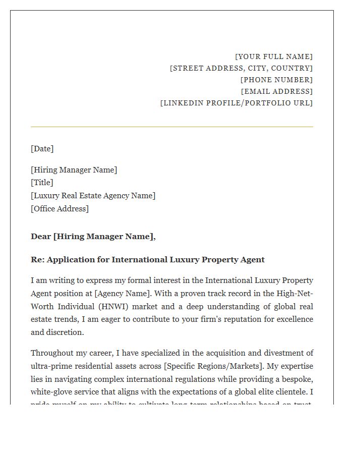International Luxury Property Agent Cover Letter Template
