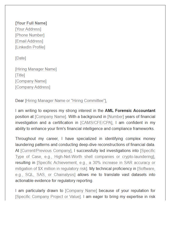 Anti Money Laundering Forensic Accountant Cover Letter Template