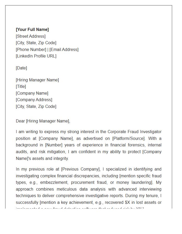 Corporate Fraud Investigator Cover Letter Template