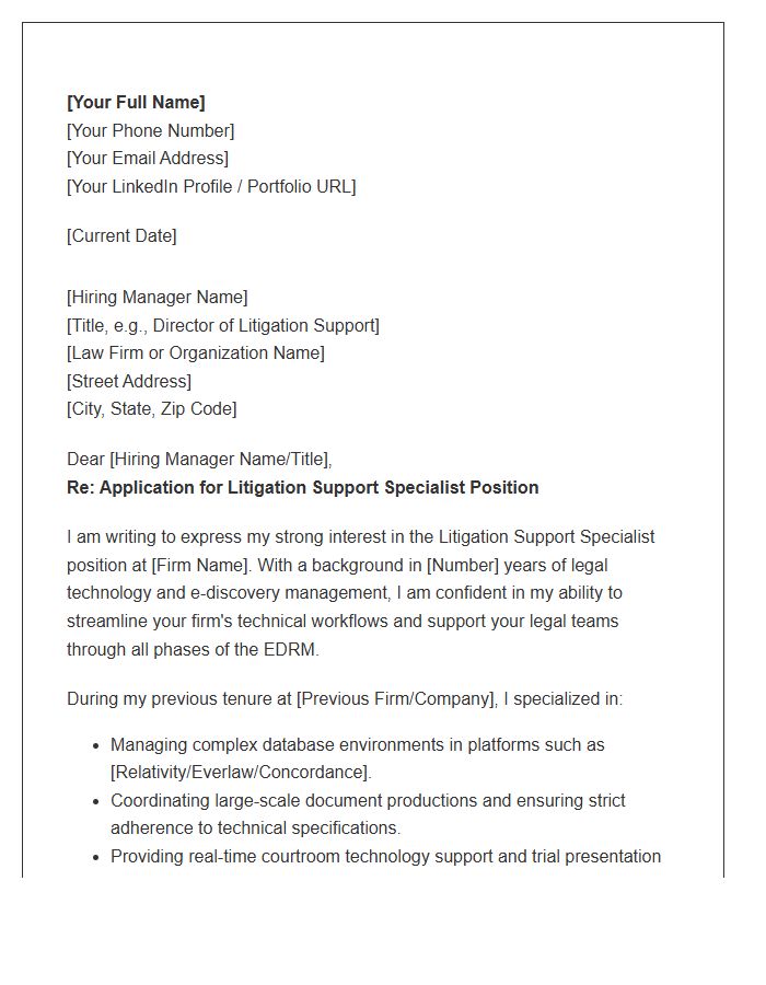 Litigation Support Specialist Cover Letter Template