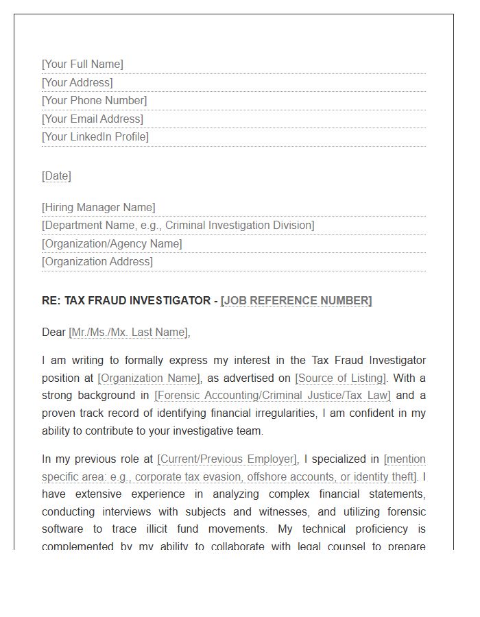 Tax Fraud Investigator Cover Letter Template