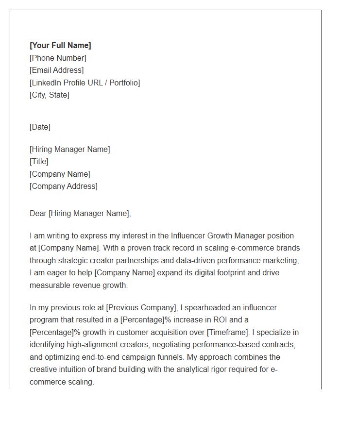 E-commerce Influencer Growth Manager Cover Letter Template