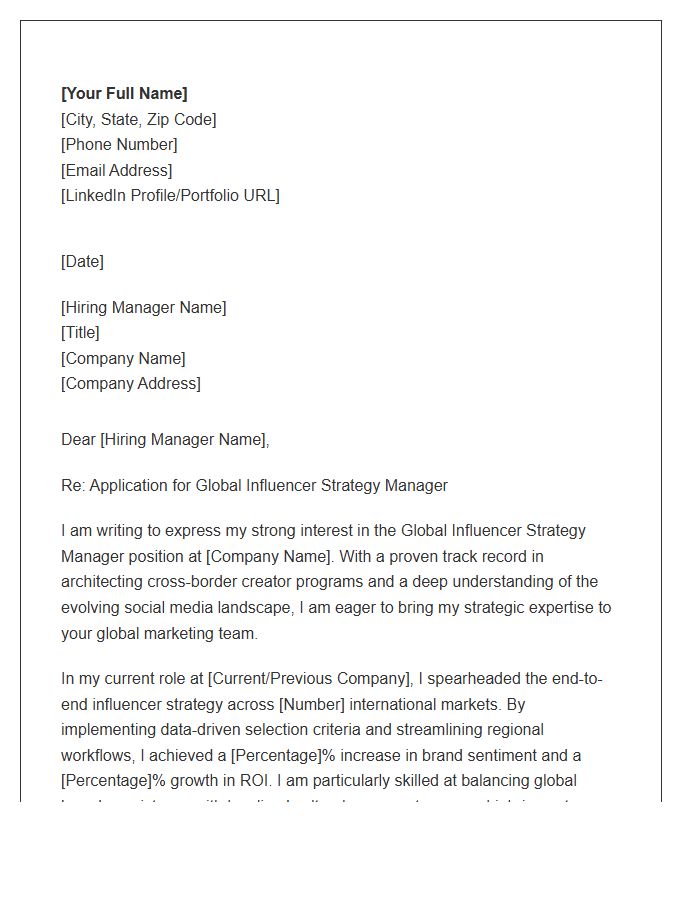 Global Influencer Strategy Manager Cover Letter Template