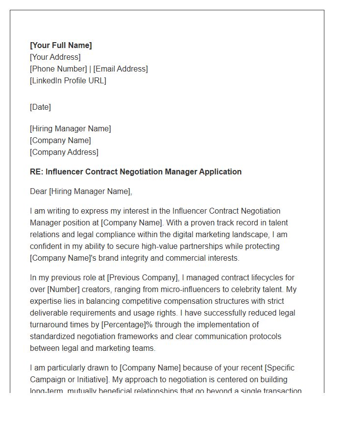 Influencer Contract Negotiation Manager Cover Letter Template