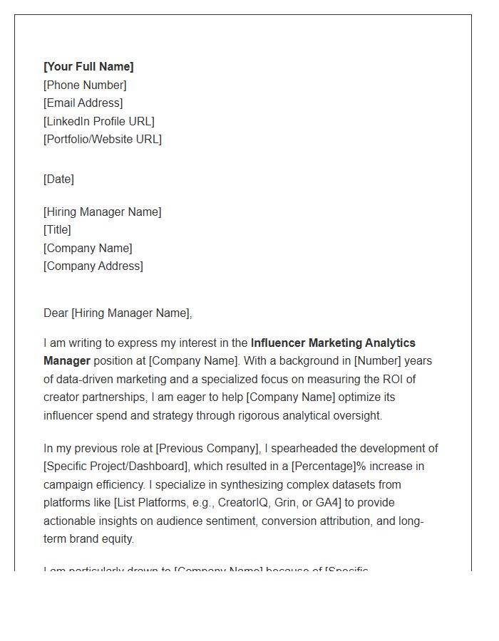 Influencer Marketing Analytics Manager Cover Letter Template