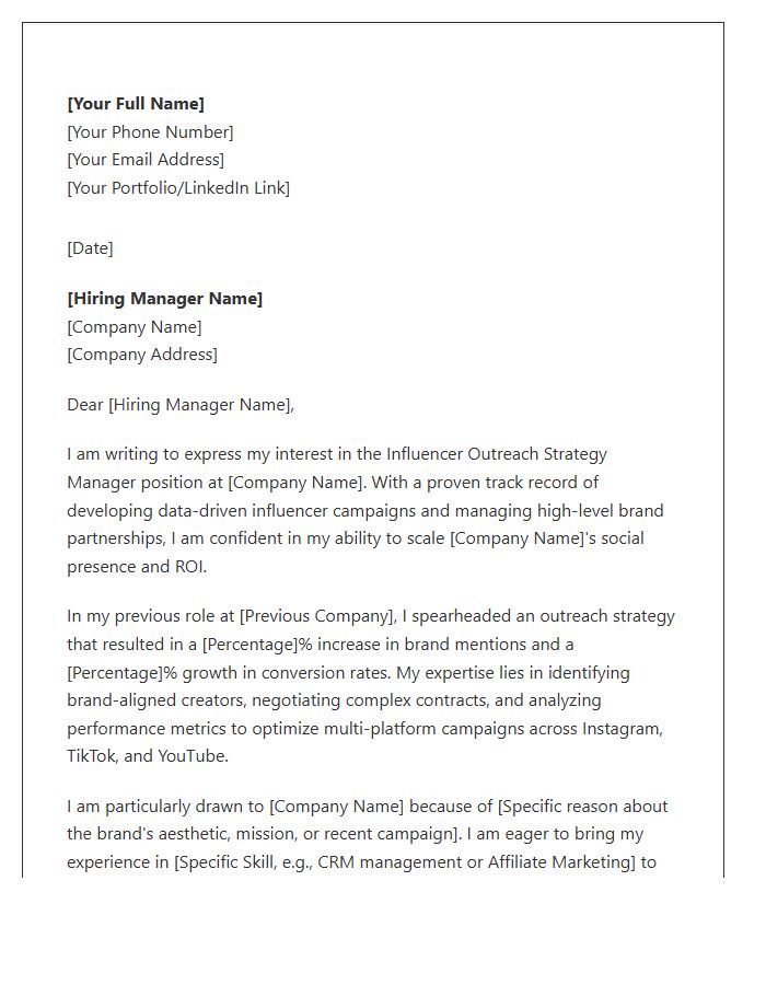 Influencer Outreach Strategy Manager Cover Letter Template