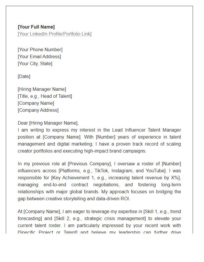 Lead Influencer Talent Manager Cover Letter Template