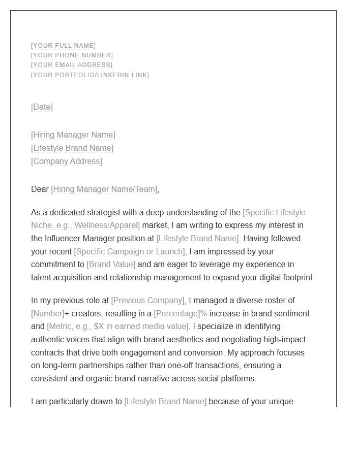 Lifestyle Brand Influencer Manager Cover Letter Template