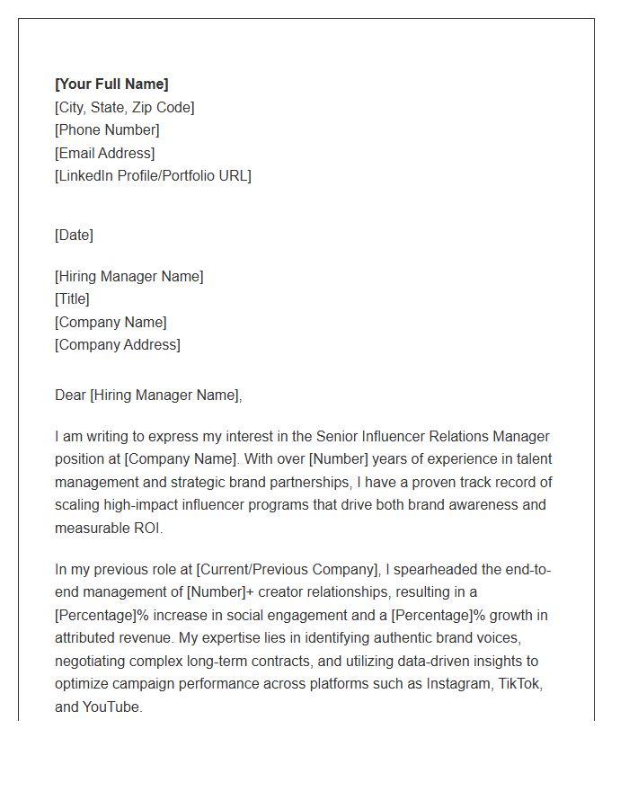 Senior Influencer Relations Manager Cover Letter Template