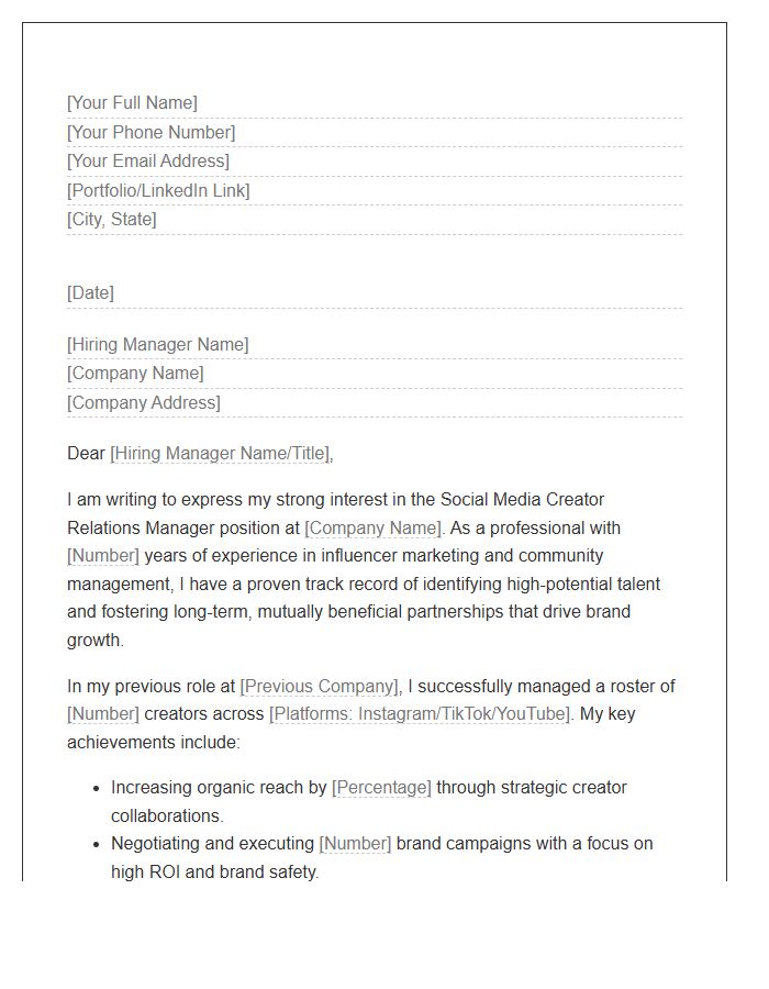 Social Media Creator Relations Manager Cover Letter Template