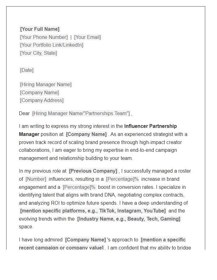 Social Media Influencer Partnership Manager Cover Letter Template