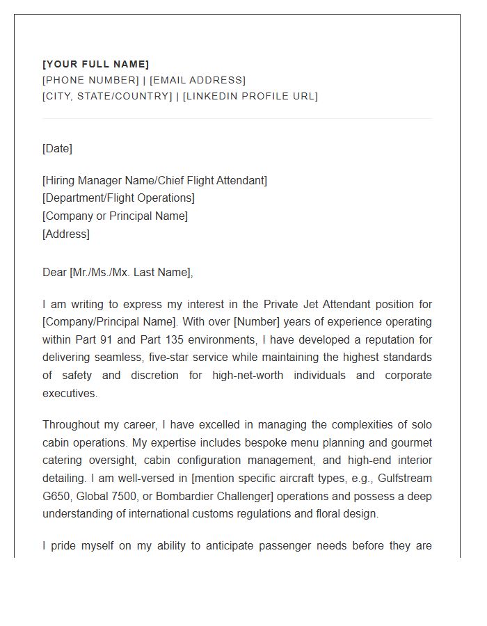 Experienced Private Jet Attendant Cover Letter Template