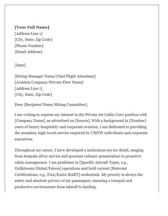 Private Jet Cabin Crew Cover Letter Template