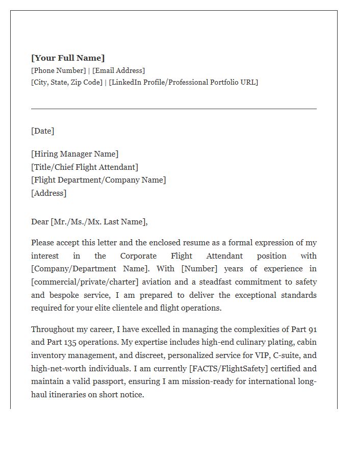 Professional Corporate Flight Attendant Cover Letter Template