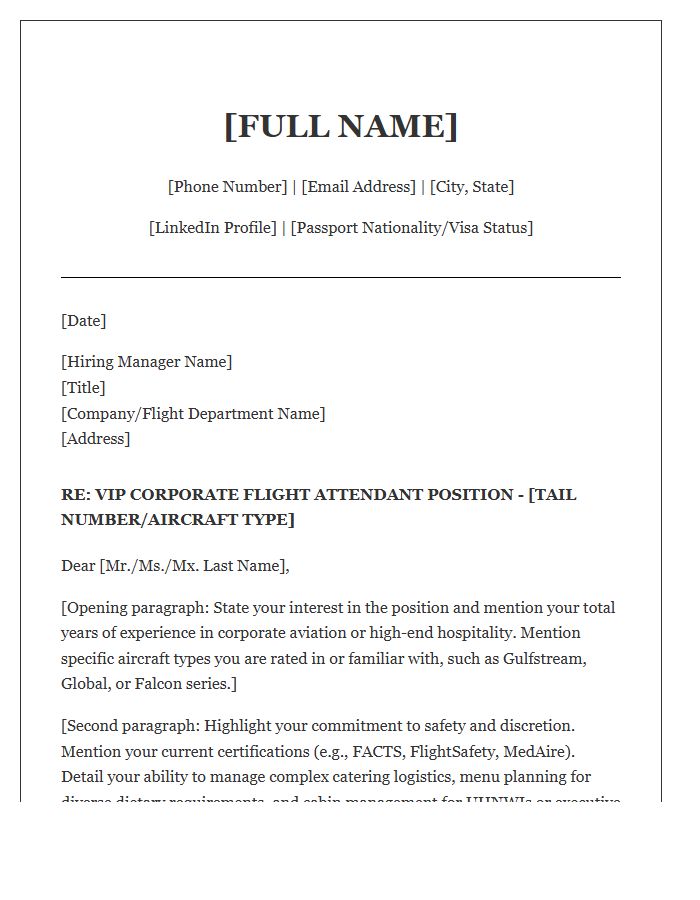 VIP Corporate Flight Attendant Cover Letter Template