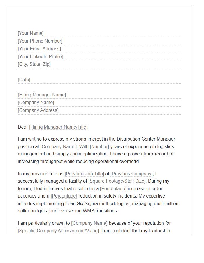 Distribution Center Manager Cover Letter Template