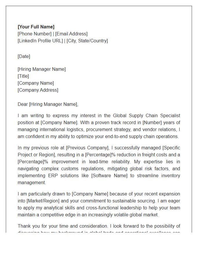 Global Supply Chain Specialist Cover Letter Template