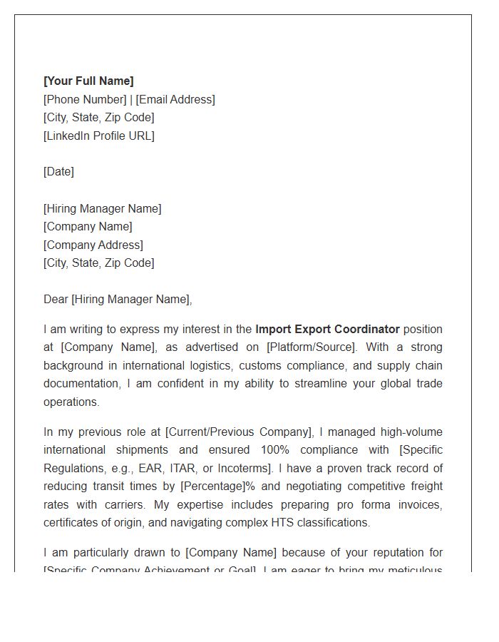 Import Export Coordinator Cover Letter Template