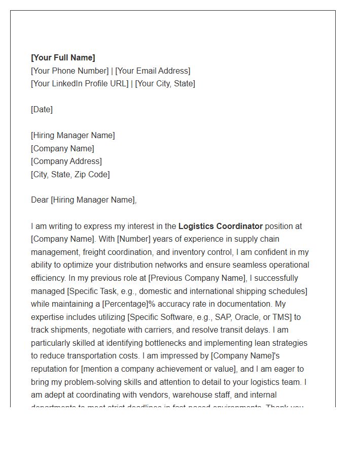Logistics Coordinator Cover Letter Template