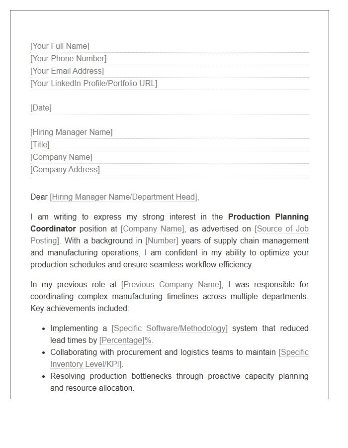 Production Planning Coordinator Cover Letter Template