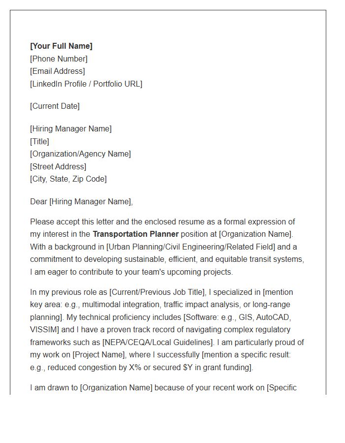 Transportation Planner Cover Letter Template