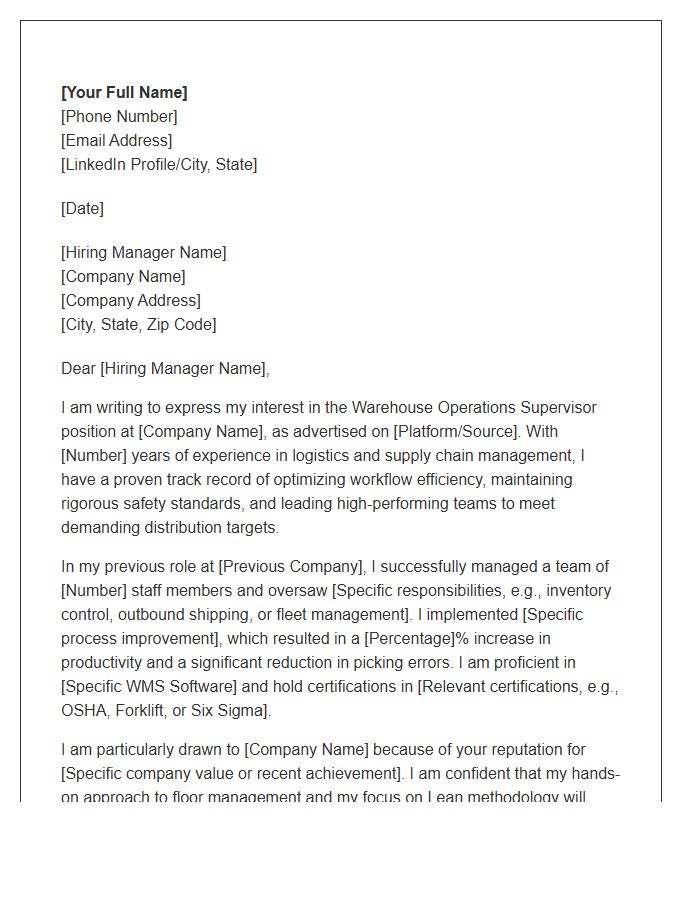 Warehouse Operations Supervisor Cover Letter Template