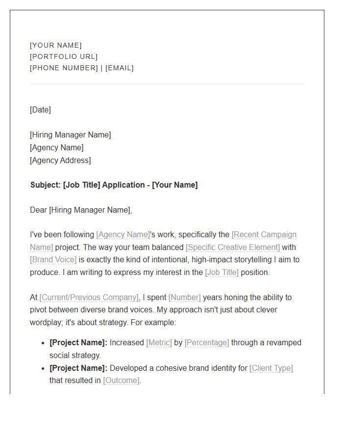 Boutique Advertising Agency Copywriter Cover Letter Template